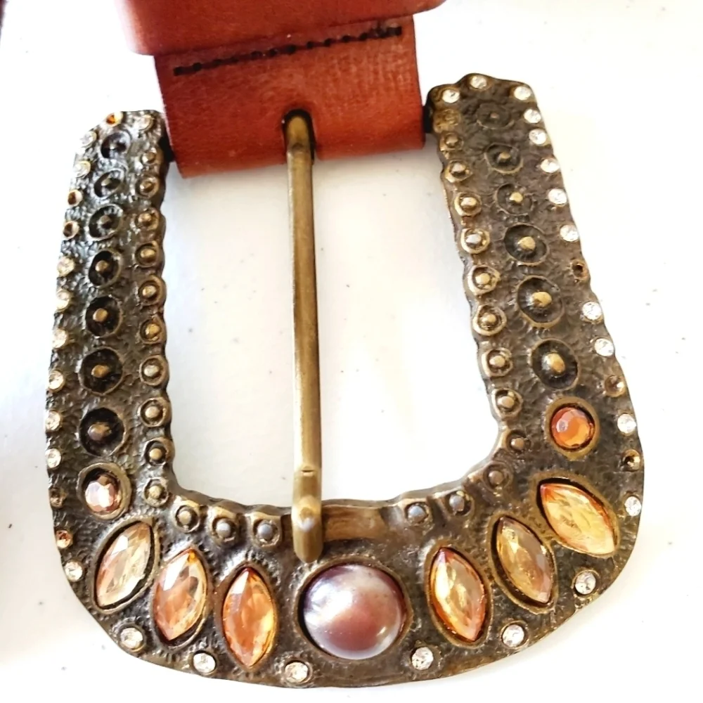 Fabio Corti Genuine Leather Belt Brown Jeweled Beaded Oversized Buckle‎ Italy